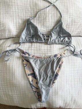 Roxy Two-Piece Bikini in Light Blue Gingham with Pastel Floral Trim